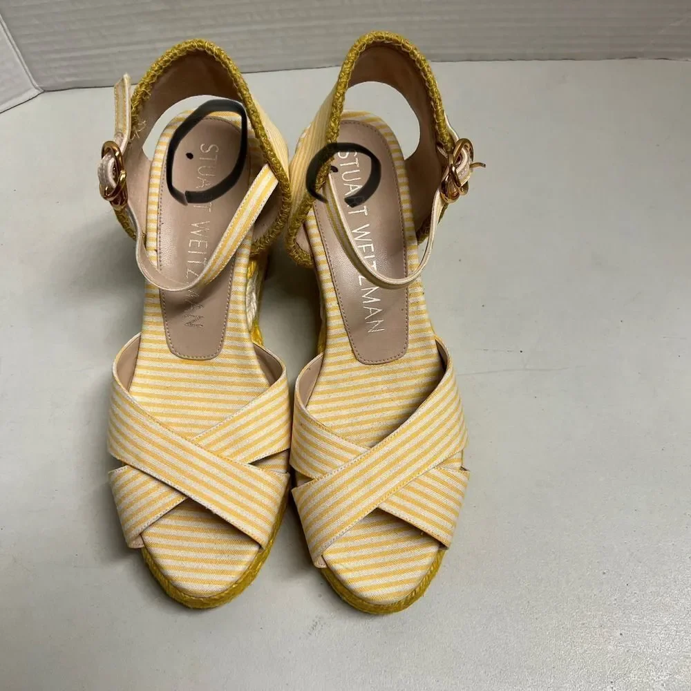 STUART WEITZMAN  Minela Striped Wedge Espadrille Yellow White Size 6.5 SEE DESCR - Picture 13 of 15
